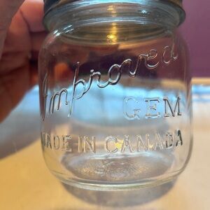Vintage Improved Gem canning jar - made in Canada- glass lid and metal ring